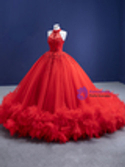 Red Ball Gown Tulle Halter Backless Beading Crystal Prom Dress