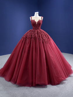 Burgundy Ball Gown Tulle Appliques Beading Prom Dress