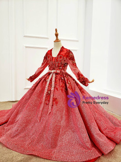 Red Sequins Long Sleeve Backless Beading Crystal Flower Girl Dress