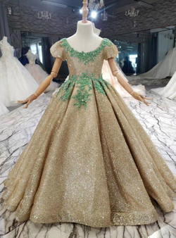 Gold Sequins Puff Sleeve Green Beading Flower Girl Dress