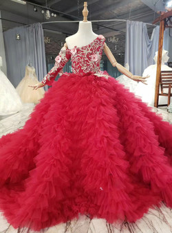 Burgundy Tulle One Shoulder Appliques Tiers Flower Girl Dress