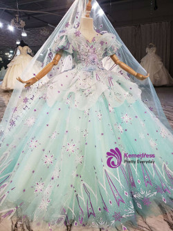 Green Tulle Short Sleeve Appliques Pearls Flower Girl Dress