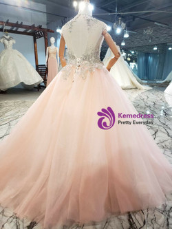 Pink Tulle Pleats High Neck Beading Flower Girl Dress