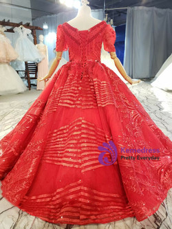 Red Sequins Cap Sleeve Beading Flower Girl Dress