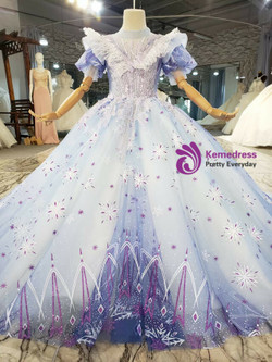 Blue Tulle High Neck Puff Sleeve Appliques Flower Girl Dress