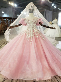 Pink Sequins Tulle Puff Sleeve Beading Crystal Flower Girl Dress