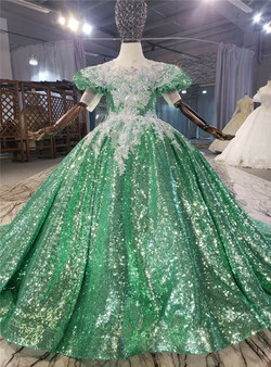 Green Sequins Puff Sleeve Appliques Flower Girl Dress
