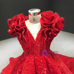 Red Sequins V-neck Ruffle Flower Girl Dress With Train