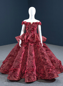 Burgundy Off the Shoulder 3D Appliques Flower Girl Dress