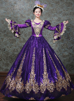 Purple Sequins Long Sleeve V-neck Appliques Baroque Victorian Dress