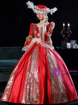 Burgundy Satin Sequins Appliques Long Sleeve Rococo Vintage Dress