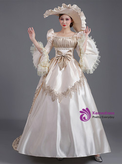 Satin Lace Square Long Sleeve Pleats Victorian Masquerade Dress