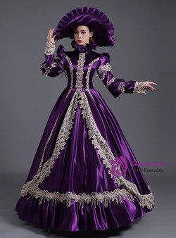 Purple Satin High Neck Long Sleeve Victorian Rococo Dress