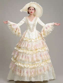 Yellow Lace Long Sleeve Tiers Baroque Victorian Dress