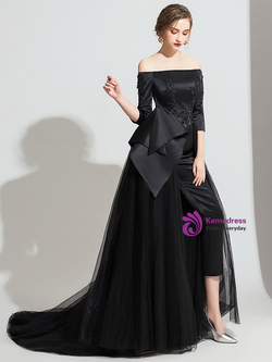 Black Tulle Satin Long Sleeve Appliques Trouser Skirt