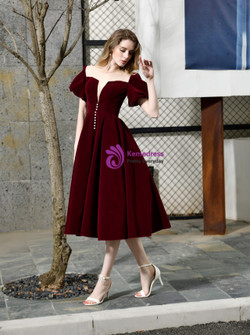 Burgundy Velvet Puff Sleeve Tea Length Prom Dress