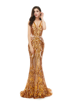 Mermaid V-neck Gold Sequins Long Prom Dress