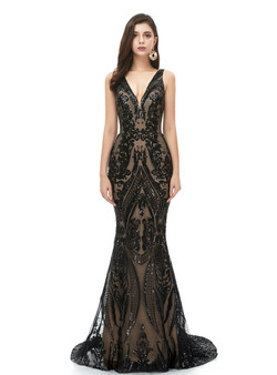 Black Mermaid Sequins V-neck Floor Length Prom Dress