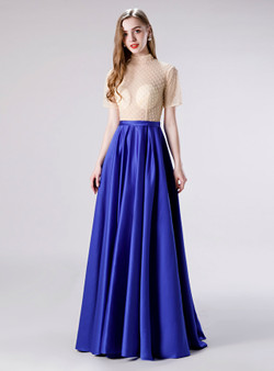 Royal Blue High Neck Satin Short Sleeve Beading Prom Dress