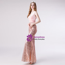 Pink Mermaid V-neck Sequins Velvet Pleats Prom Dress