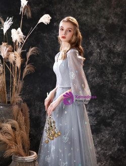 A-Line Gray Dandelion Lace V-neck Beading Prom Dress