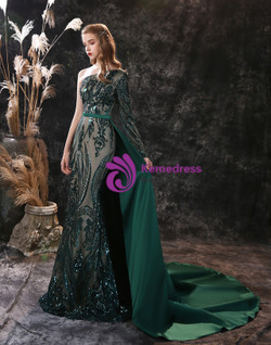 Dark Green Mermaid Sequins Satin Long Sleeve Prom Dress With Detachable Train