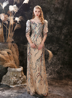 Dark Champagne Tulle Embroidery Sequins Puff Sleeve Prom Dress