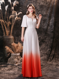 White Satin Flying Sleeve Pearls Prom Dress