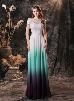 White Gradient Chiffon Lace Cap Sleeve Prom Dress