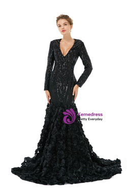 Black Mermaid V-neck Long Sleeve Flower Prom Dress