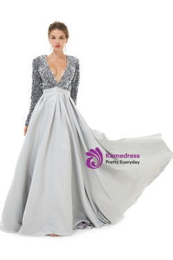 Silver Gray Satin Sequins Deep V-neck Long Sleeve Prom Dress Silver Gray Satin Sequins Deep V-neck Long Sleeve Prom Dress