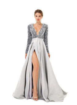 Silver Gray Satin Sequins Deep V-neck Long Sleeve Prom Dress Silver Gray Satin Sequins Deep V-neck Long Sleeve Prom Dress