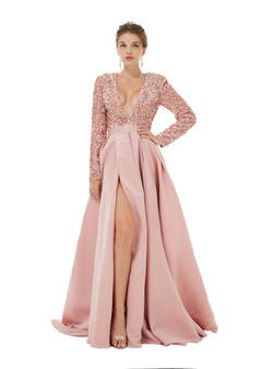 Pink Satin Sequins Deep V-neck Long Sleeve Prom Dress With Split