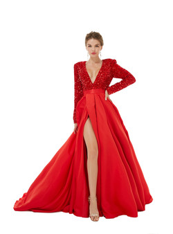 Red Deep V-neck Satin Sequins Long Sleeve Prom Dress