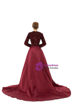 Burgundy Mermaid Long Sleeve Sequins Satin Prom Dress Detachable Train