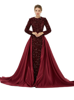 Burgundy Mermaid Long Sleeve Sequins Satin Prom Dress Detachable Train