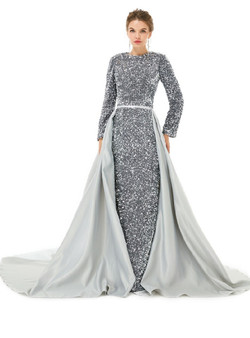 Silver Gray Mermaid Sequins Prom Dress With Detachable Train