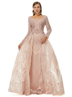 Pink Tulle Long Sleeve Appliques Beading Prom Dress
