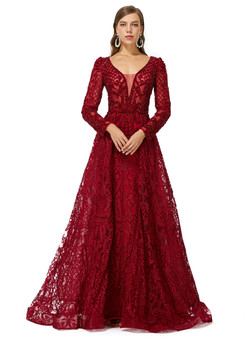 Luxury Burgundy Long Sleeve Appliques Beading Prom Dress