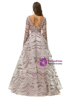 Brown V-neck Tulle Long Sleeve Beading Prom Dress