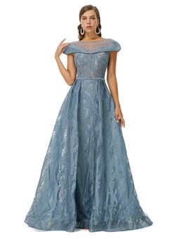 Blue See Through Top Tulle Beading Prom Dress