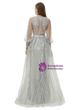 Silver Gray Tulle High Neck Long Sleeve Beading Prom Dress