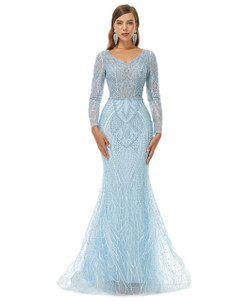 Blue Mermaid V-neck Tulle Beading Long Sleeve Prom Dress Blue Mermaid V-neck Tulle Beading Long Sleeve Prom Dress