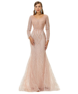 Mermaid Pink Long Sleeve Beading Prom Dress