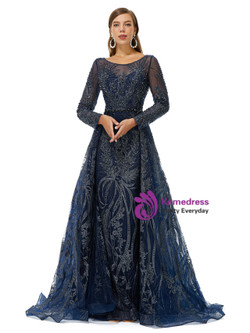 Navy Blue Tulle Long Sleeve Beading Prom Dress