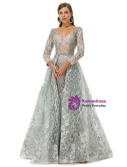Long Sleeve V-neck Beading Tulle Lace Prom Dress