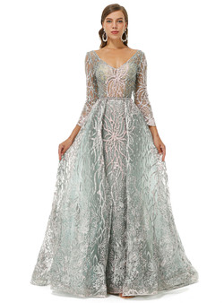 Long Sleeve V-neck Beading Tulle Lace Prom Dress