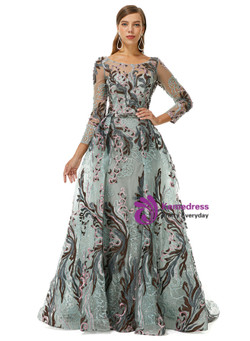 Blue Tulle Long Sleeve Appliques Beading Prom Dress Blue Tulle Long Sleeve Appliques Beading Prom Dress
