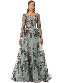 Blue Tulle Long Sleeve Appliques Beading Prom Dress Blue Tulle Long Sleeve Appliques Beading Prom Dress