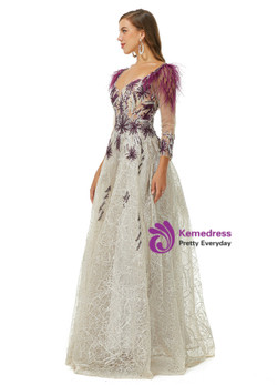 Champagne V-neck Long Sleeve Tulle Lace Beading Prom Dress